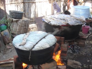 Cooking tubs of tamales